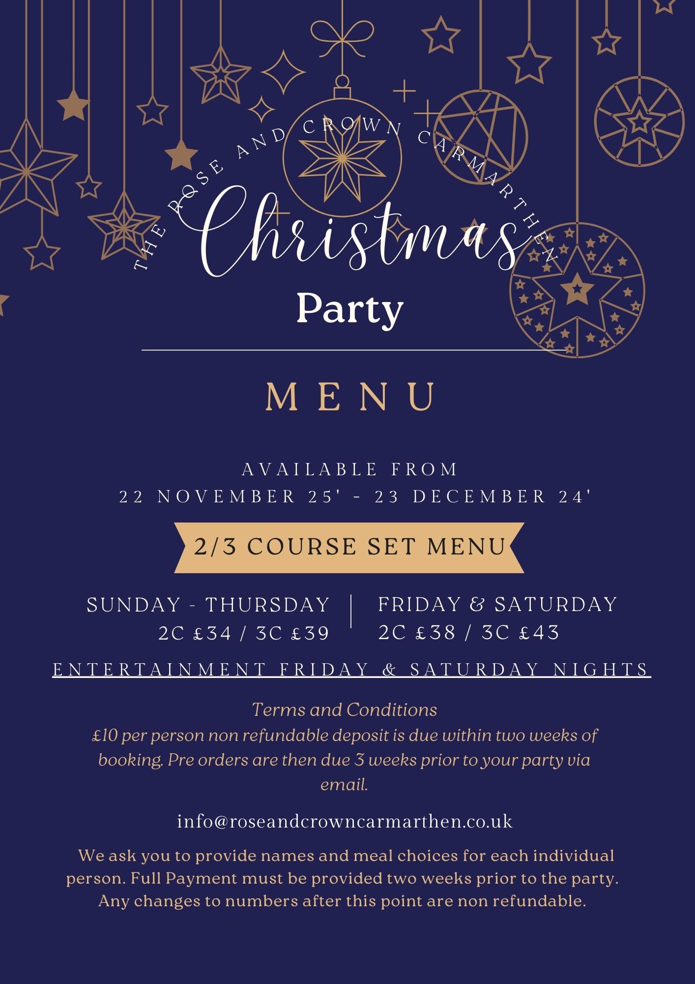 main menu rose & crown carmarthen