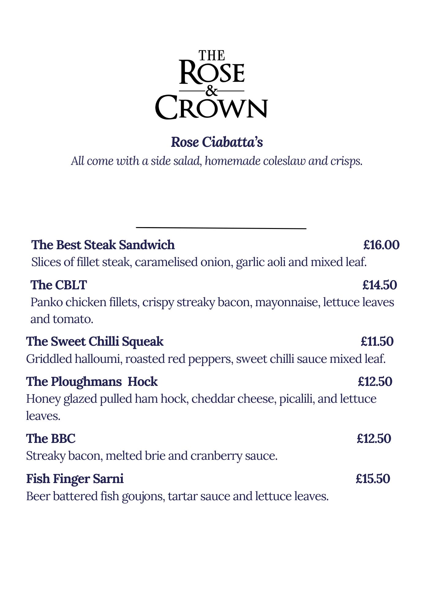 snacks menu rose & crown carmarthen