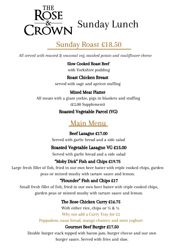 main menu rose & crown carmarthen