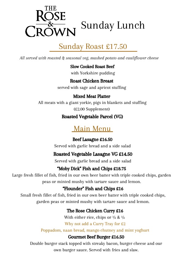 main menu rose & crown carmarthen